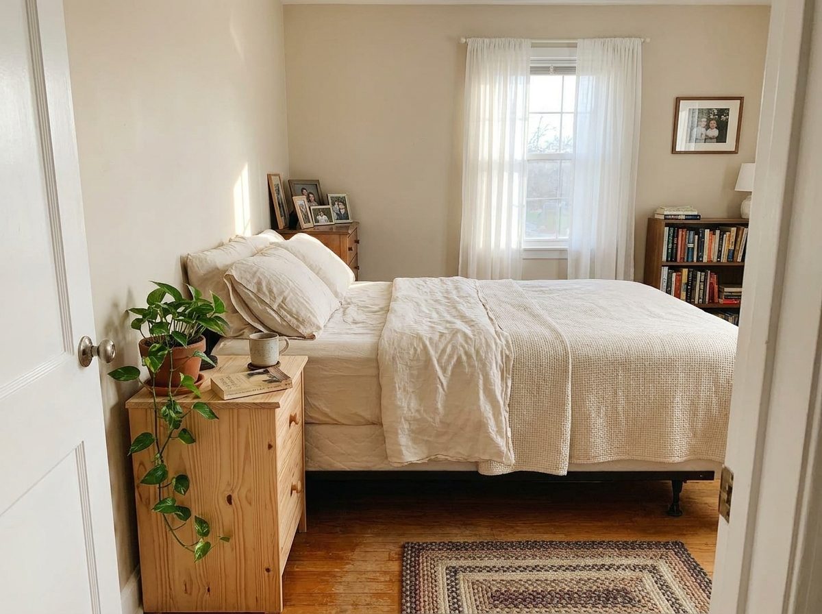 An ordinary, tidy spare bedroom with morning light — the kind of room anyone could rent out